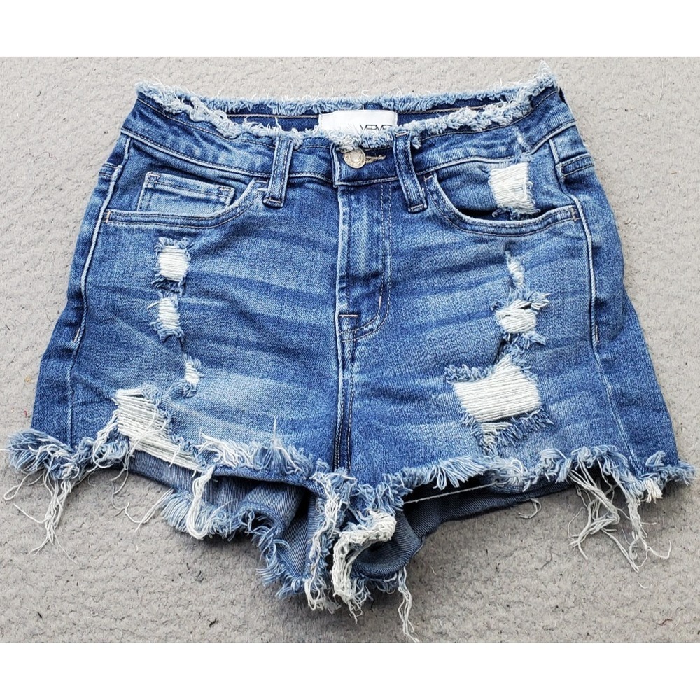 VERVET Jean Shorts Women XS Blue Denim Medium Wash Distressed Frayed Hem Stretch